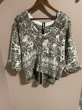 Free People Women's Wool Blend Olive and Cream Patterned Knit Hooded Sweater